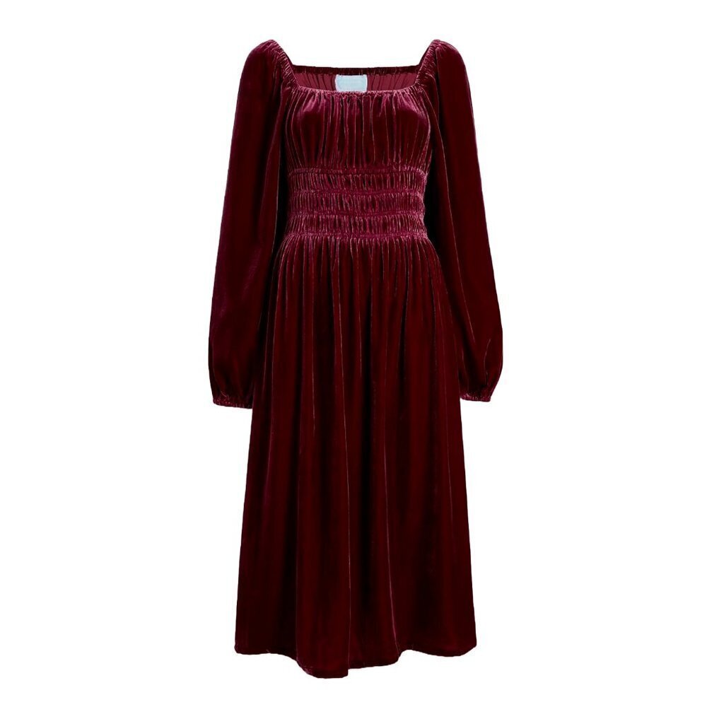 NWT Hill House The Jasmine Nap in Burgundy Velvet Smocked Midi Dress XS